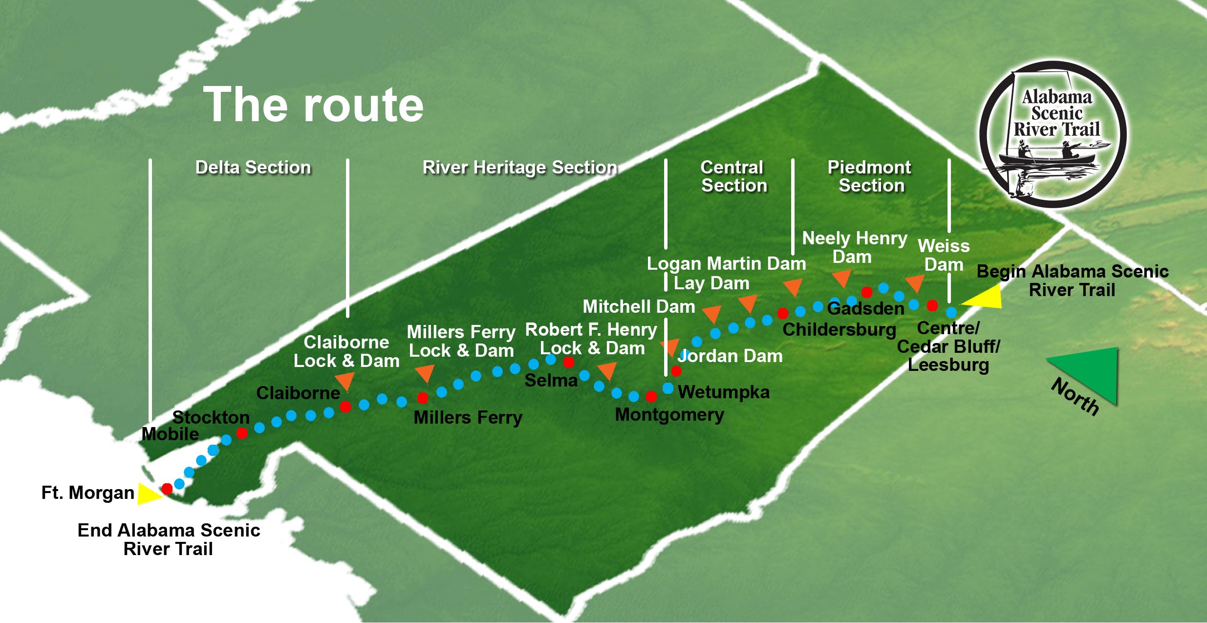 Map showing the sections of the Alabama Scenic River Trail